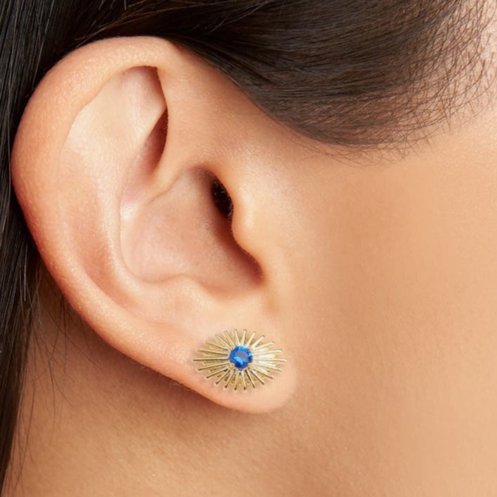 NORDSTROM Evil Eye Earrings Gold Studs with Blue Center Stone NIB - Picture 3 of 4